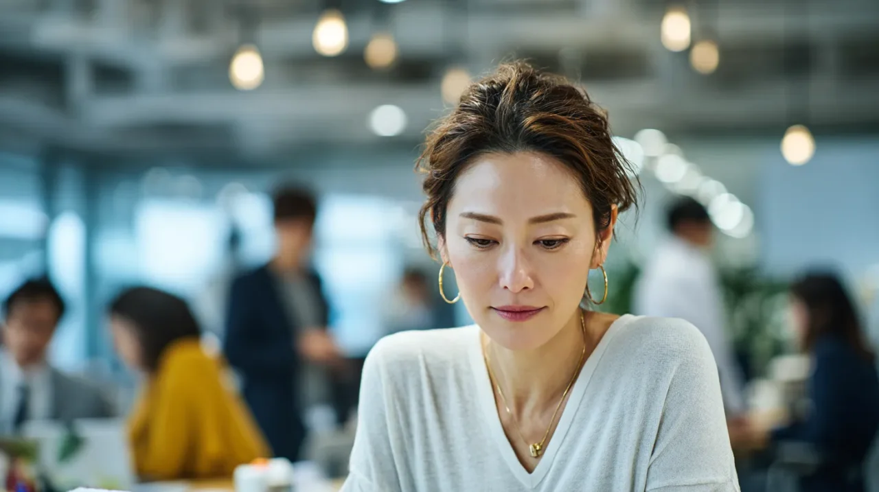 オフィスで一人うつむき、孤立感や評価への不安を抱えて疲れた表情を見せる日本人女性の様子