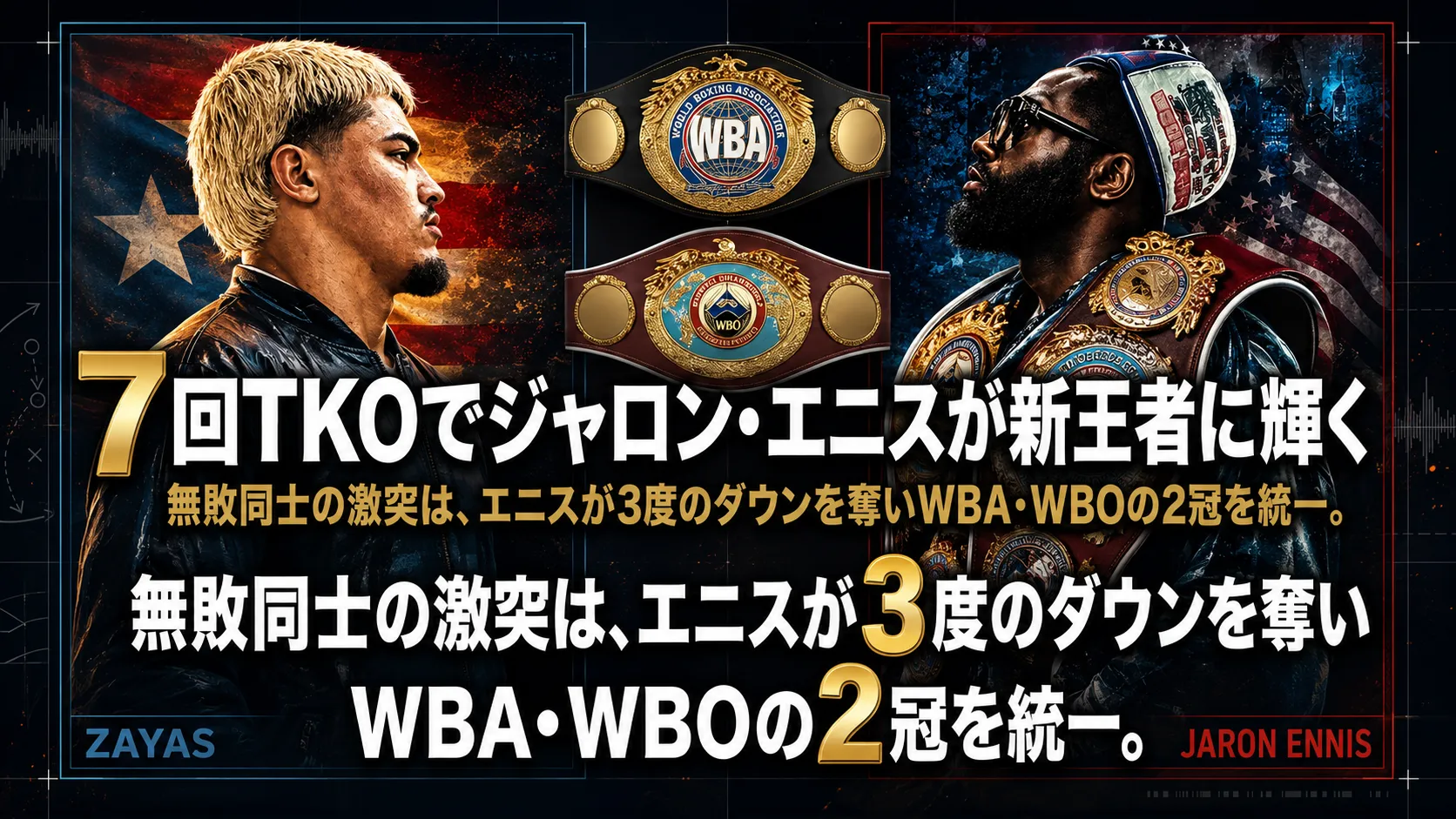 ボクシングの試合結果を伝える対戦ポスター。左にザヤス、右にジャロン・エニス、中央上部にWBAとWBOの王座ベルト。「7回TKOでジャロン・エニスが新王者に輝く」「無敗同士の激突は、エニスが3度のダウンを奪いWBA・WBOの2冠を統一」と記載。