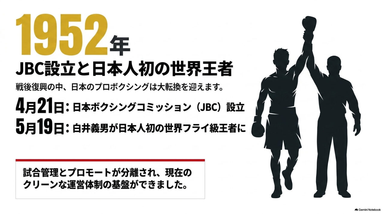 レフェリーが勝者の腕を高く掲げる2人のシルエットと「1952年」の数字、JBC設立と日本人初の世界王者誕生の日付を並べた解説図。