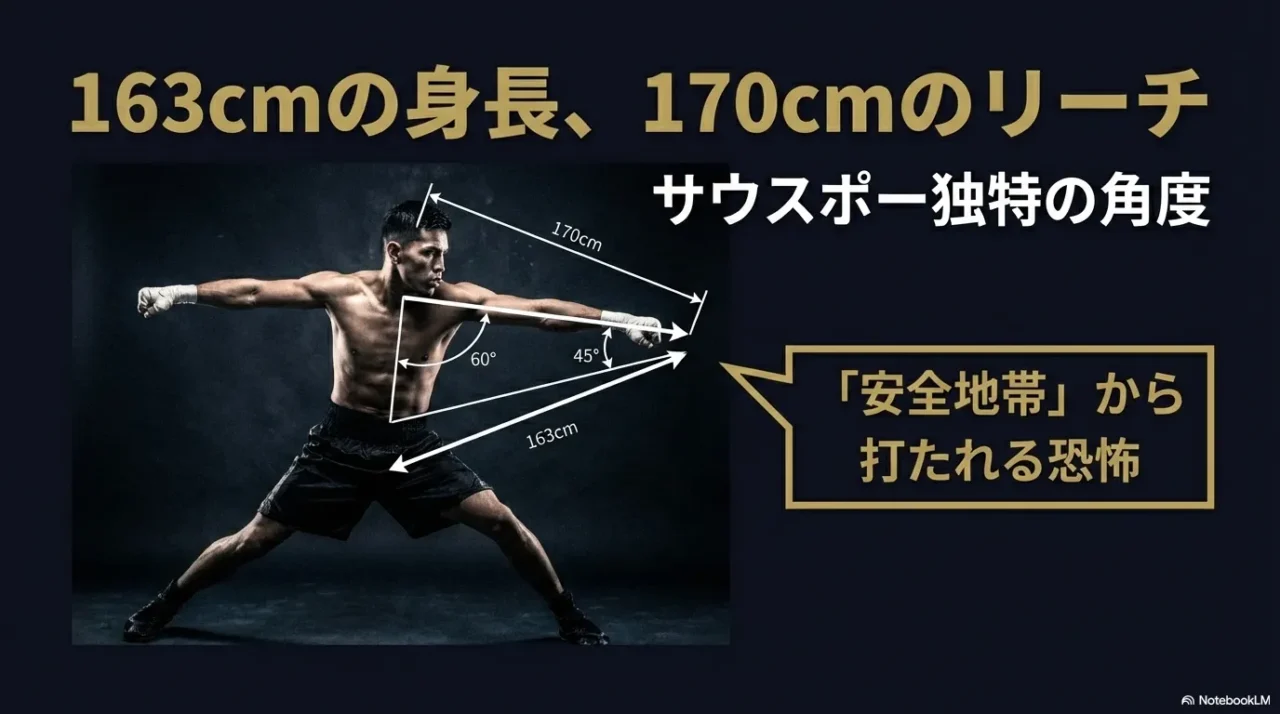 身長163cmとリーチ170cmの優位性とサウスポーの角度を示す画像