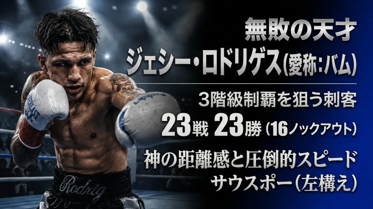 無敗の挑戦者ジェシー・ロドリゲスの23戦23勝16KOとサウスポーの特徴をまとめた画像