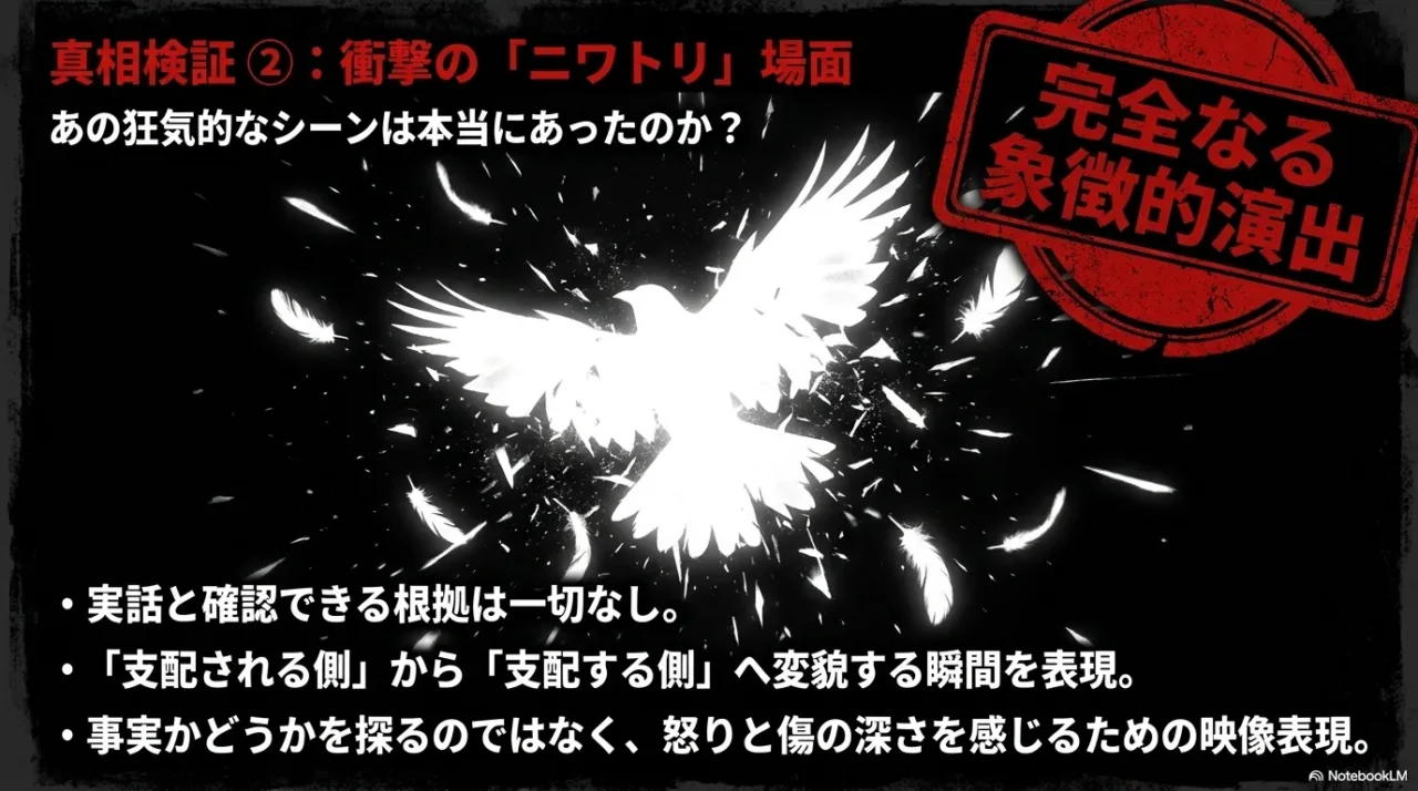 『地獄に堕ちるわよ』のニワトリのシーンが実話ではなく象徴的演出と考えられることを解説する画像