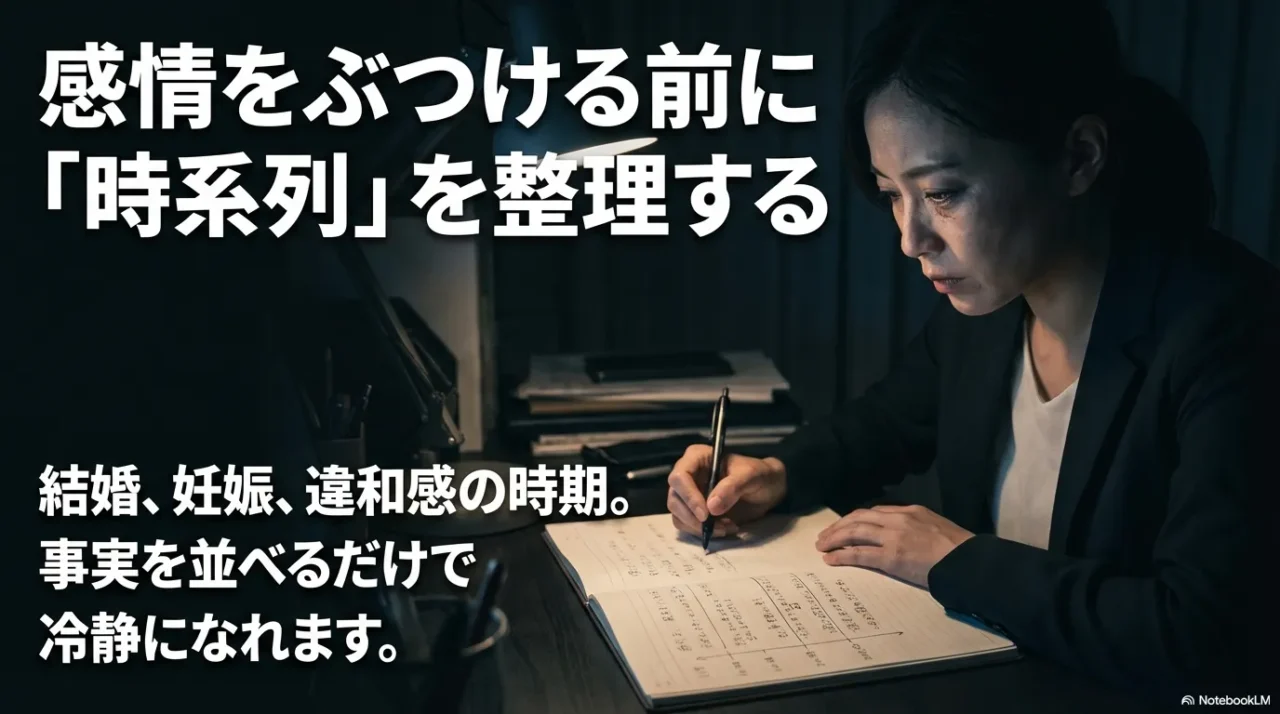 机でメモを取りながら時系列を整理する女性のイメージ画像