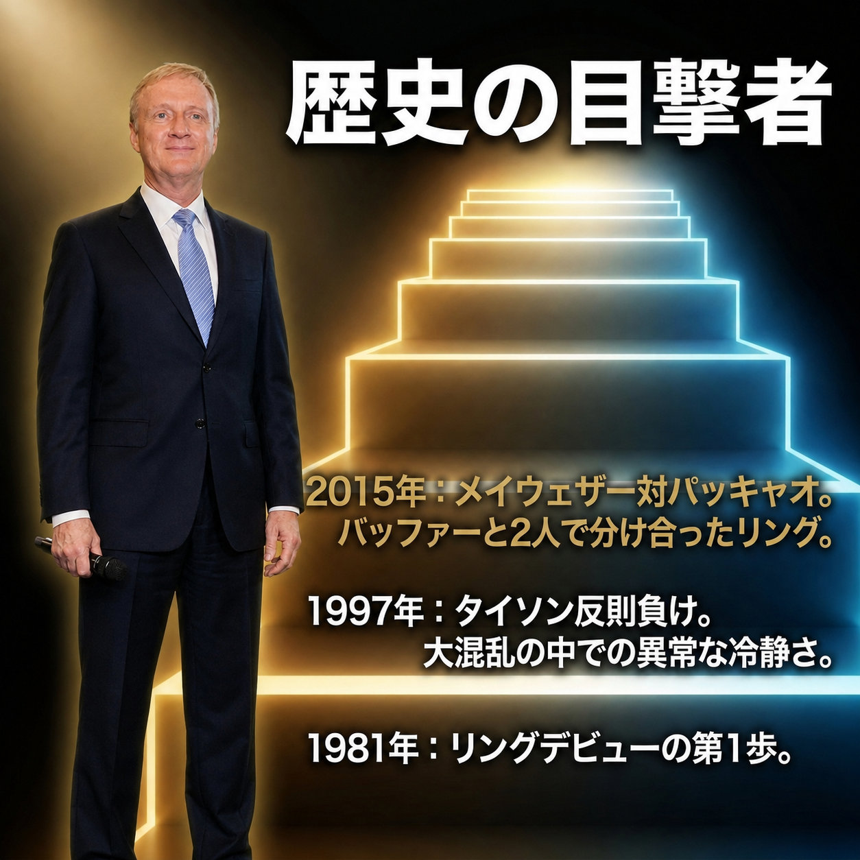 ジミー・レノン・ジュニアの経歴を階段状に示した年表画像。1981年のリングデビュー、1997年のタイソン反則負け、2015年のメイウェザー対パッキャオを下から順に並べている。