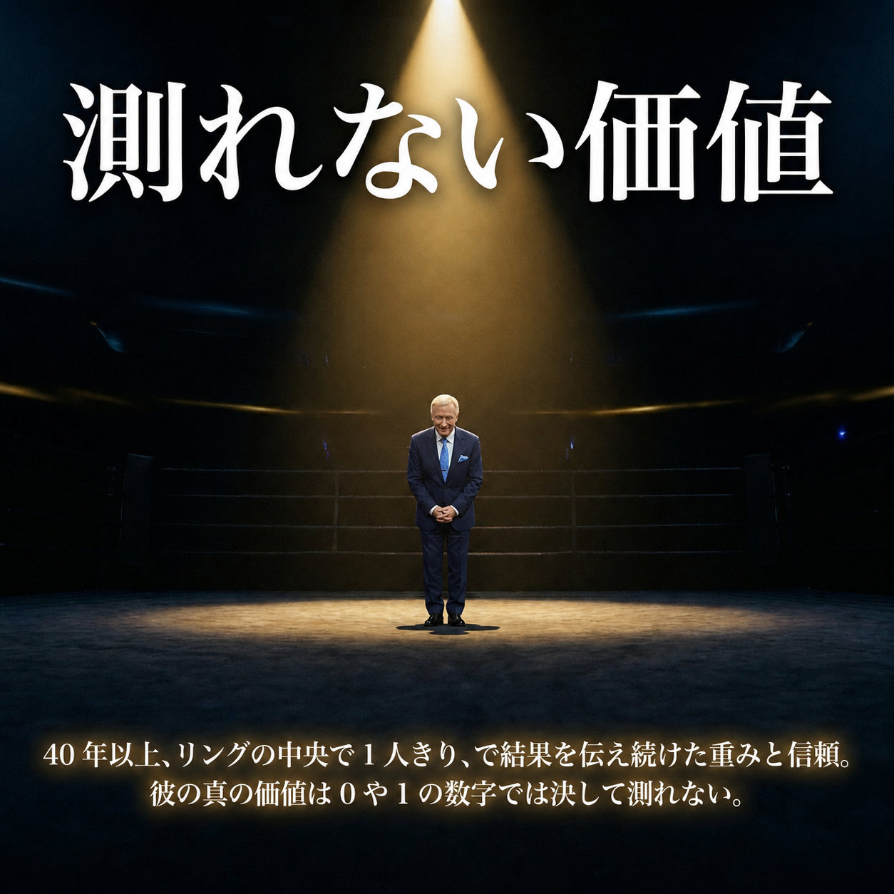 暗いリングの中央でスポットライトを浴びて一人で立つリングアナウンサーの姿。40年以上結果を伝え続けた重みは数字では測れない、というメッセージが添えられている。