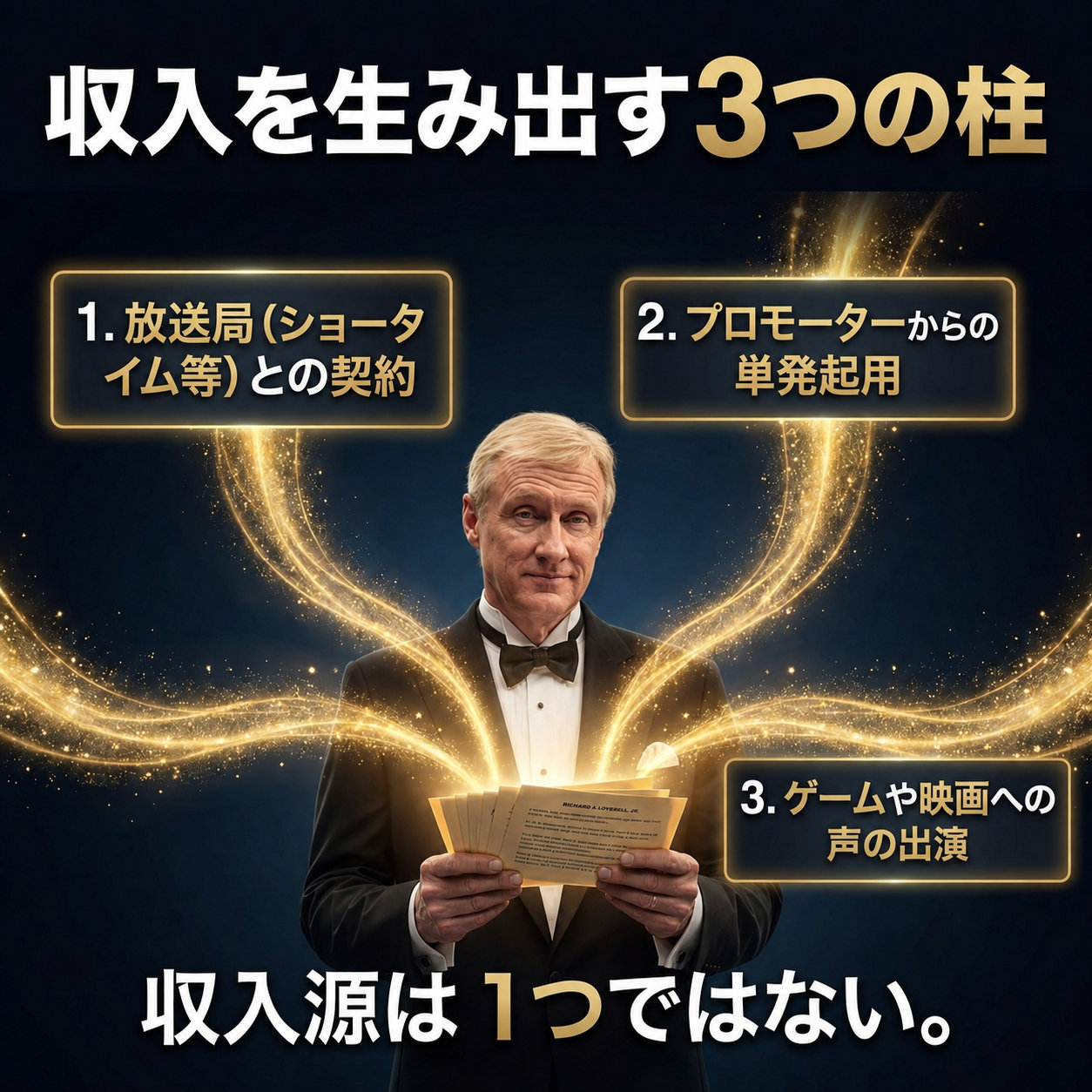 ジミー・レノン・ジュニアの収入源を、放送局との契約、プロモーターからの単発起用、ゲームや映画への声の出演という3つの柱に分けて示した解説画像。中央に台本を持つ男性。