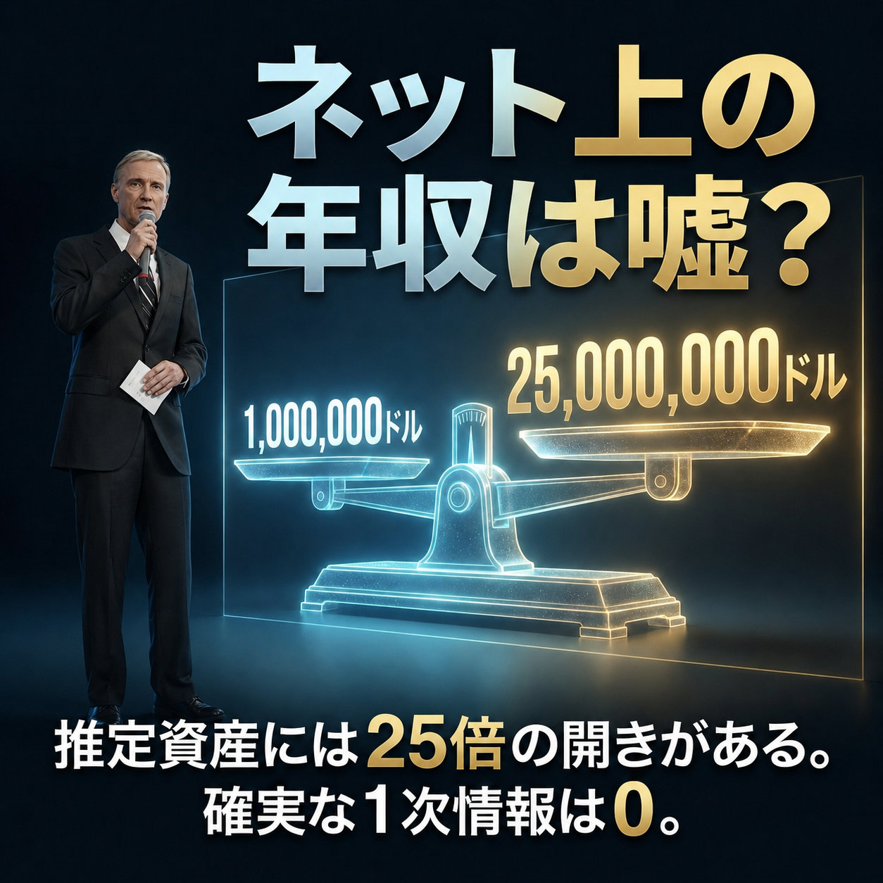 「ネット上の年収は嘘?」の見出しの下で、100万ドルと2500万ドルを乗せた天秤が大きく傾く図。ジミー・レノン・ジュニアの推定資産に25倍の開きがあることを示した解説画像。