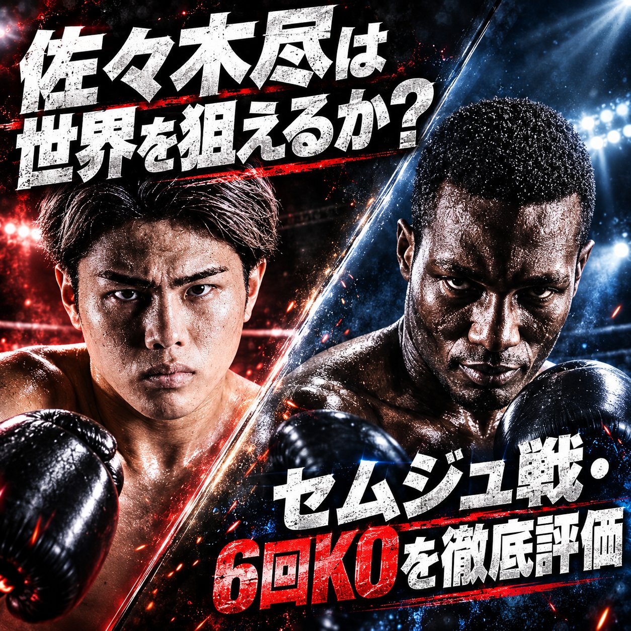 佐々木尽とセムジュ・デビッドが対峙し、「佐々木尽は世界を狙えるか」と6回KOの評価を示す記事のメインビジュアル。