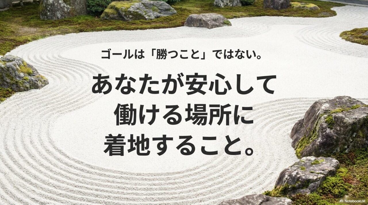 ゴールは勝つことではなく、あなたが安心して働ける場所に着地することだと伝えるスライド