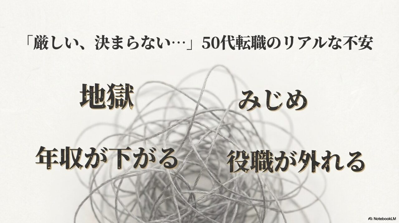 50代転職の不安として地獄・みじめ・年収が下がる・役職が外れるを並べたスライド