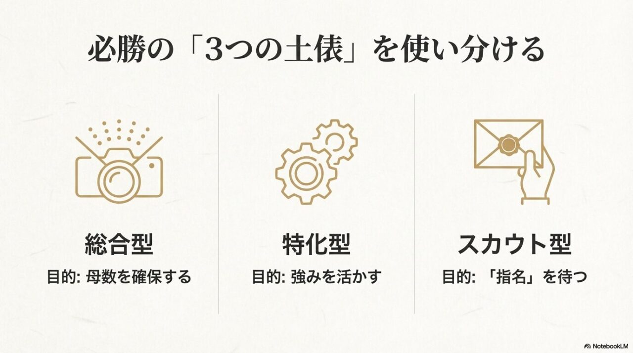 総合型・特化型・スカウト型の3つの土俵と、それぞれの目的を整理した図解スライド