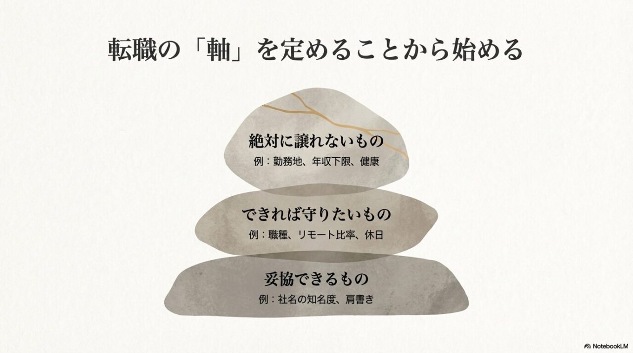 絶対に譲れない条件・できれば守りたい条件・妥協できる条件の3層で転職の軸を整理するスライド