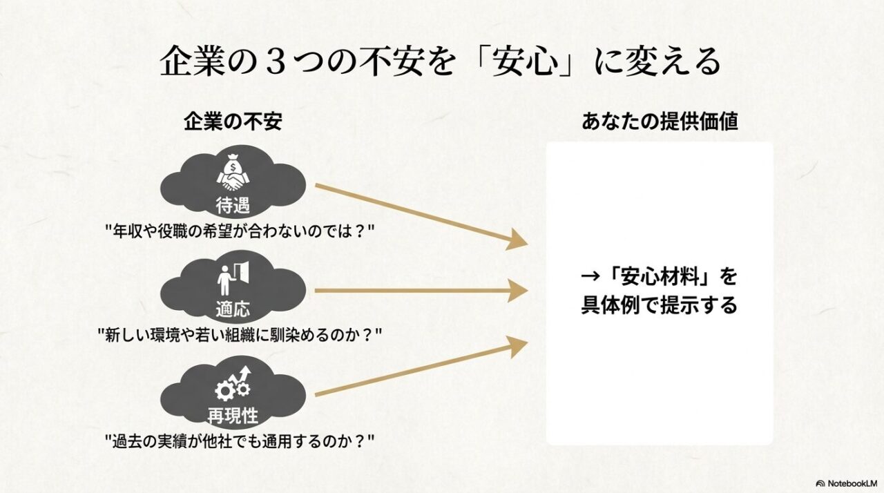待遇・適応・再現性という企業の不安を、具体例の安心材料で解消する流れを示す図解スライド