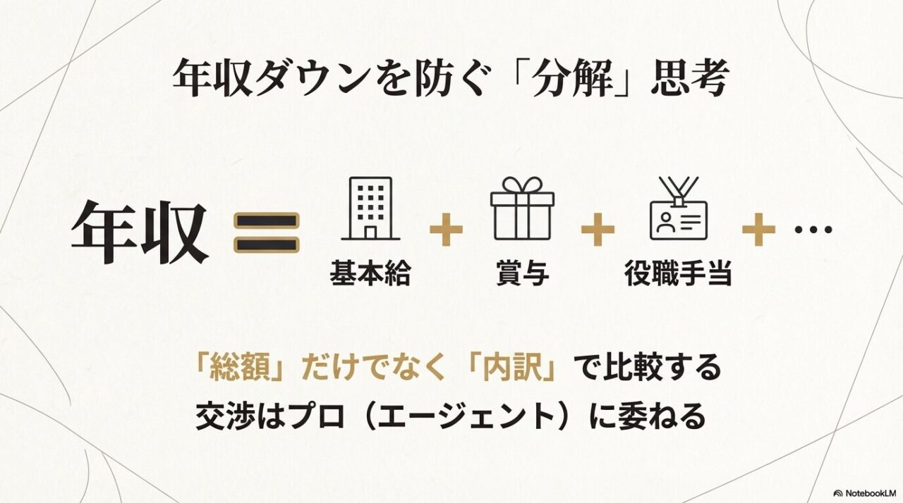 年収を基本給・賞与・役職手当などに分解し、総額だけでなく内訳で比較し交渉はプロに任せると示したスライド