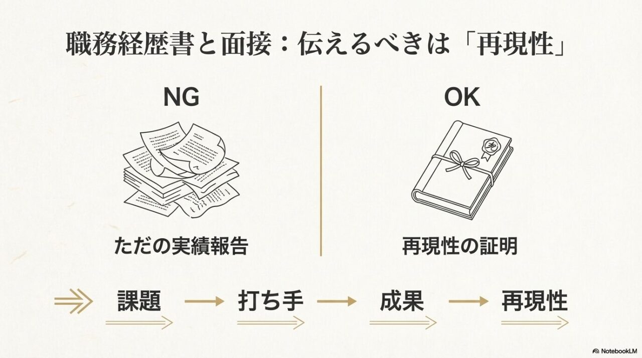 職務経歴書と面接で伝えるべきは再現性で、課題・打ち手・成果・再現性の順に示すと良いと説明するスライド