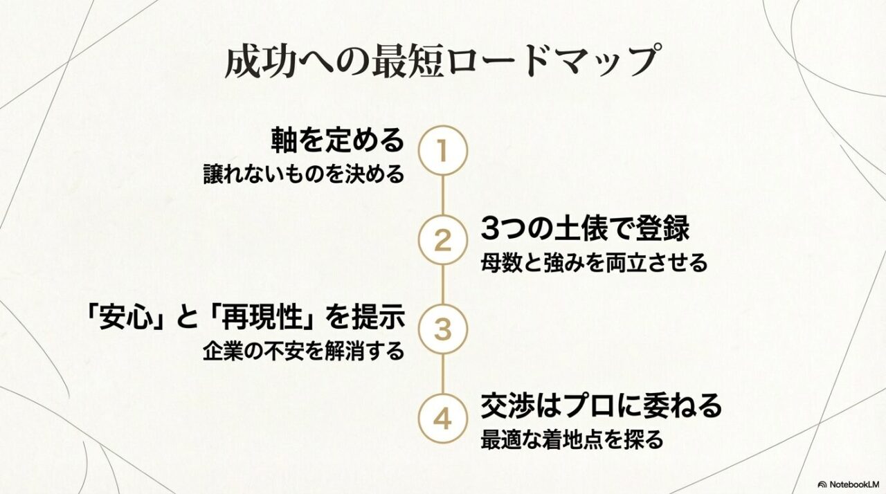 成功への最短ロードマップとして、軸を定める→3つの土俵で登録→安心と再現性を提示→交渉はプロに委ねる手順を示すスライド
