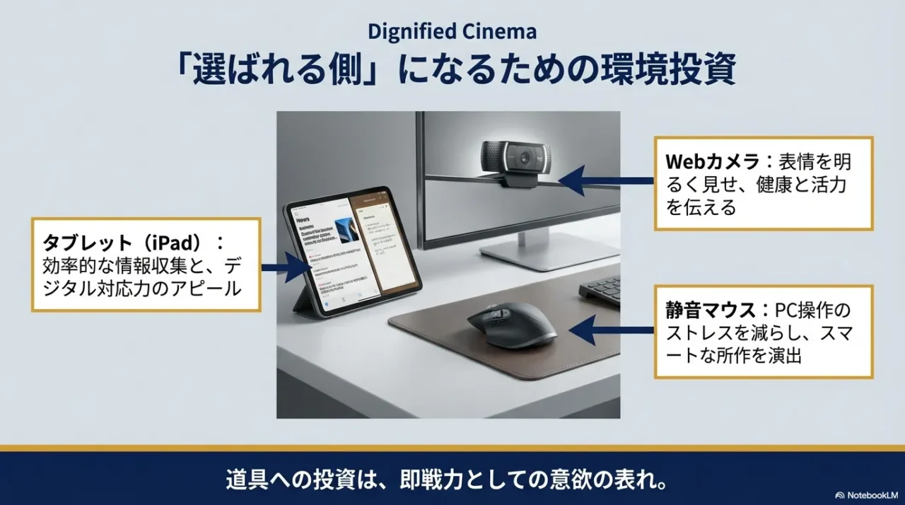 デスク上のiPad、Webカメラ、マウスの画像。デジタル対応力や健康的な印象を伝えるための道具への投資が、即戦力としての意欲の表れであることを示すスライド。