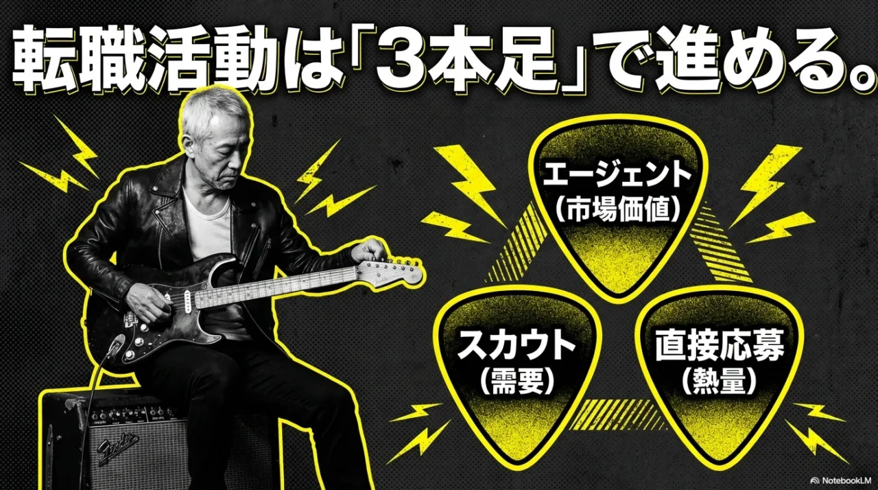 転職活動の3本足「エージェント・スカウト・直接応募」を示す画像