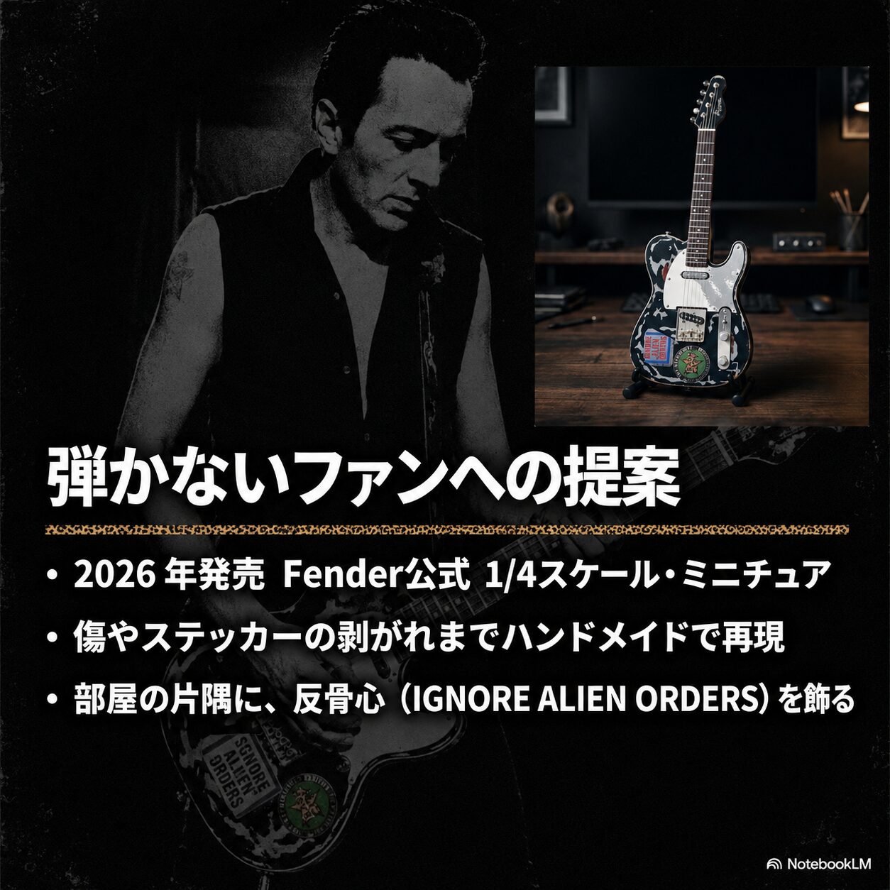 ジョー・ストラマーとFender公式1/4スケール・ミニチュアギターの紹介画像。「弾かないファンへの提案」として2026年発売、傷やステッカーの剥がれまでハンドメイドで再現、IGNORE ALIEN ORDERSと記載。