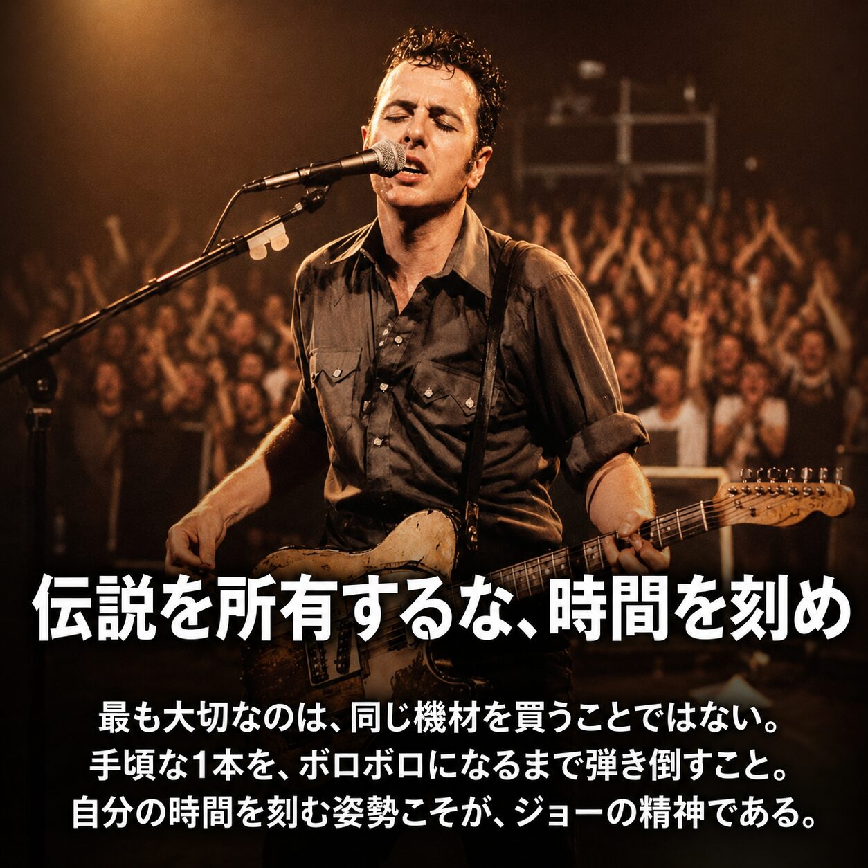 ライブステージで目を閉じて熱唱する男性ミュージシャン。使い込まれたボロボロのエレキギターを弾き、背後には熱狂する観客。「伝説を所有するな、時間を刻め」という白い日本語のキャッチコピーが添えられている。