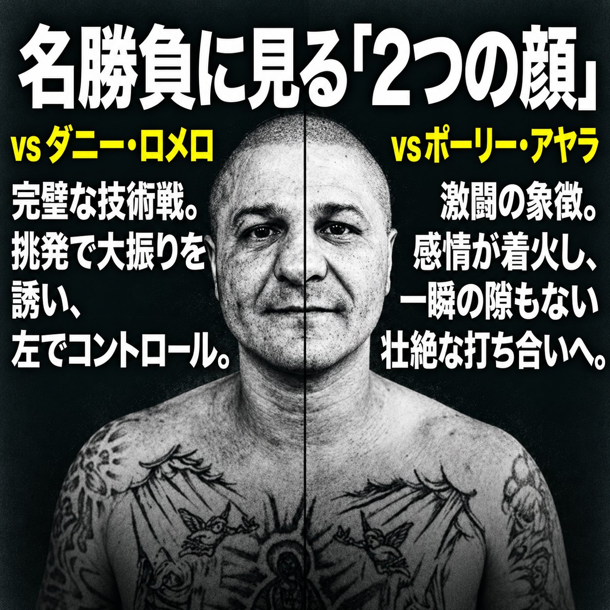ジョニー・タピアの顔を左右に分け、ダニー・ロメロ戦の技術戦とポーリー・アヤラ戦の激闘という対照的な二面性を示した比較図
