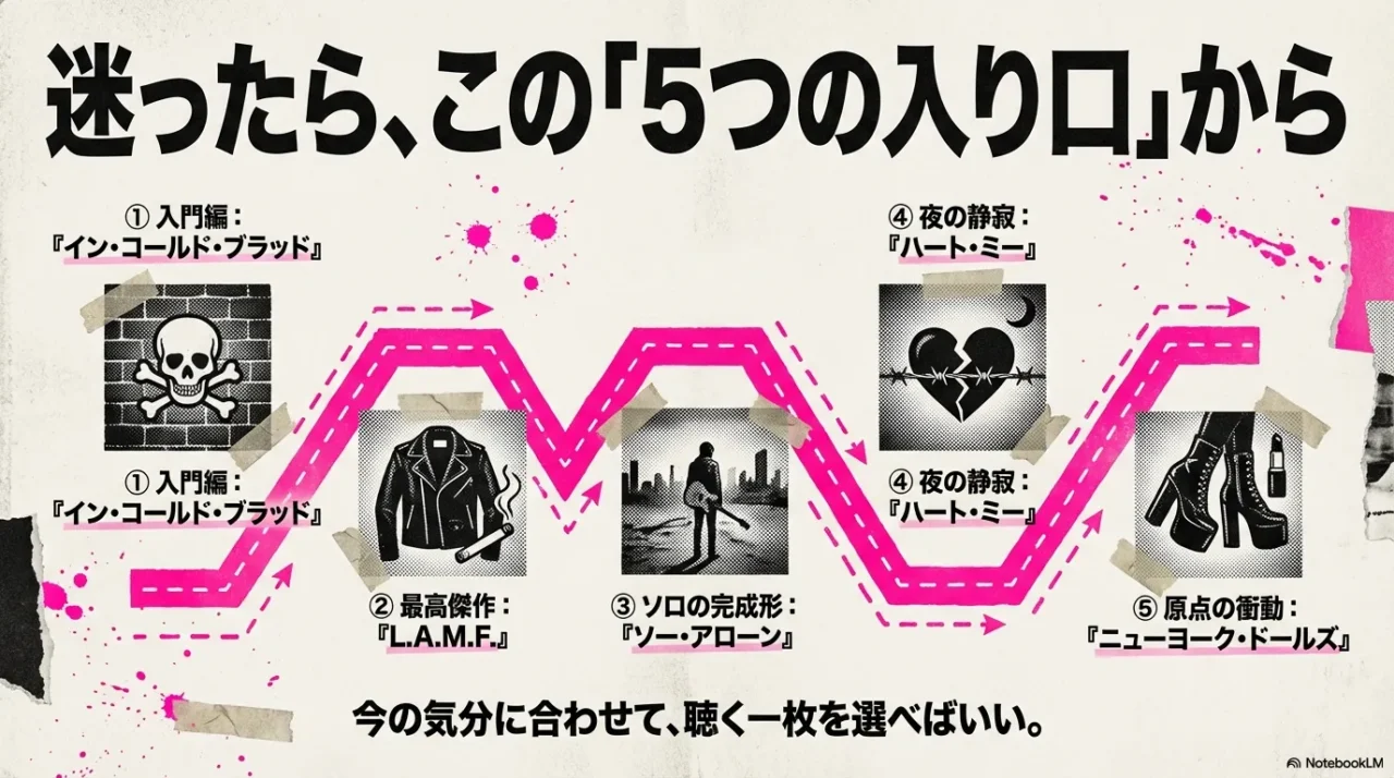 「迷ったらこの順で！あなたの『今の気分』で選ぶ5枚」と、5枚のタイトルが並ぶガイドスライド