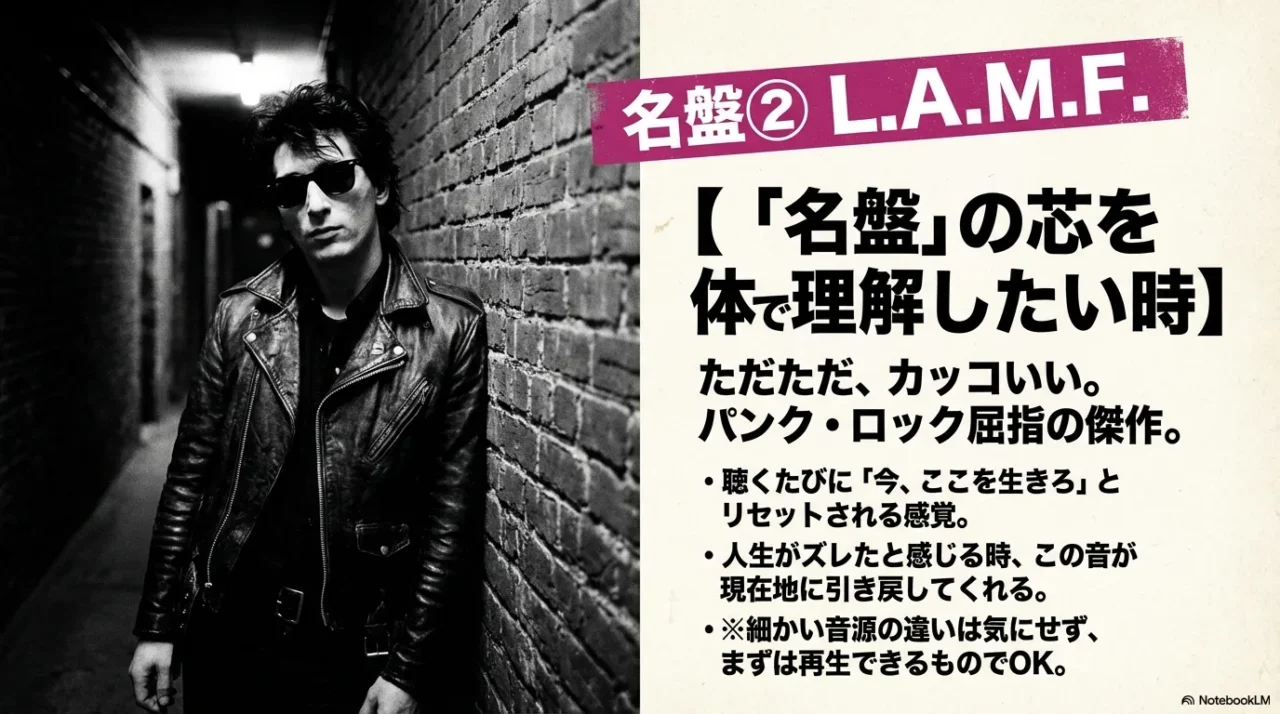 「名盤② L.A.M.F.」と、「名盤の芯を体で理解したい時」などの要点が入った紹介スライド