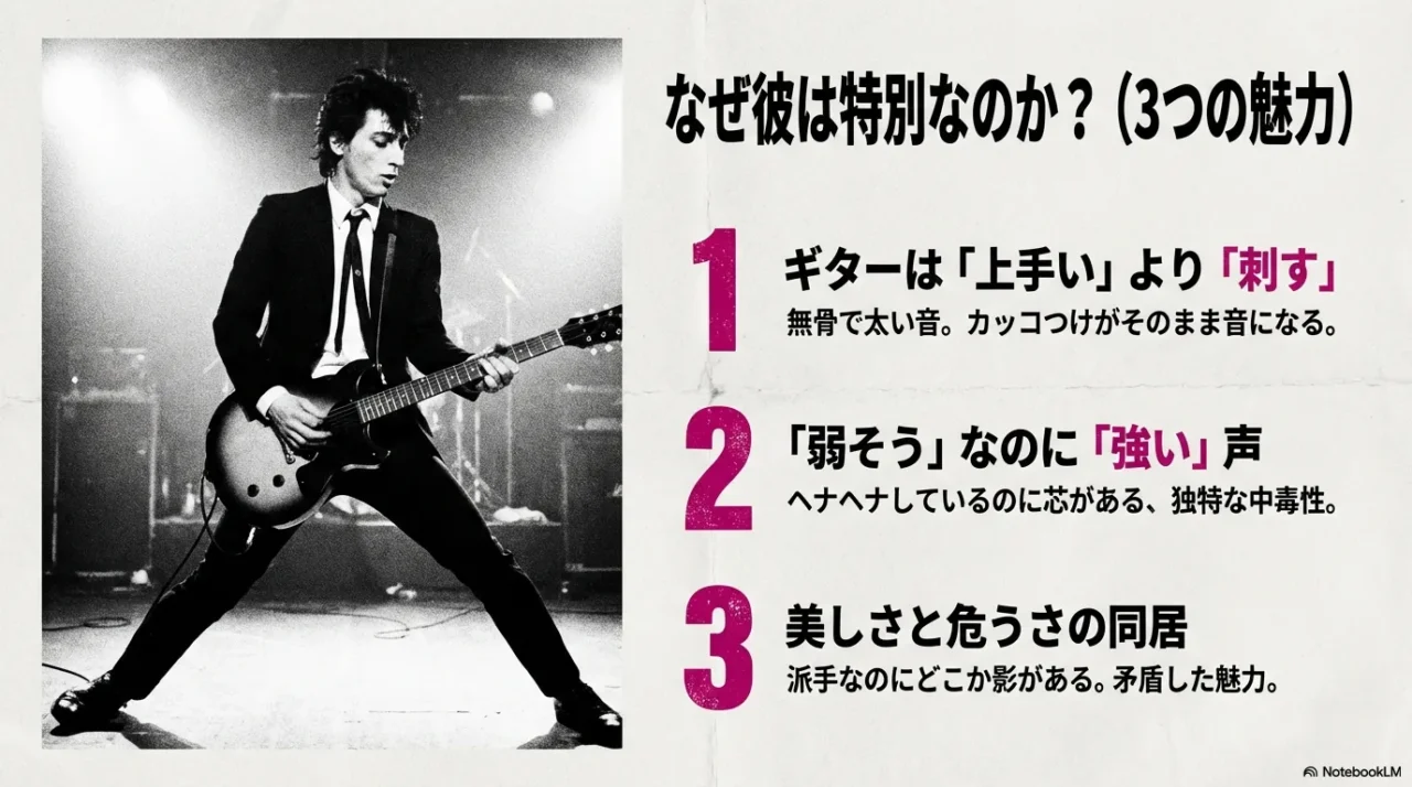 「ギターは『上手い』より『刺す』」「『弱そう』なのに『強い』声」「美しさと危うさの同居」の3点をまとめた解説スライド