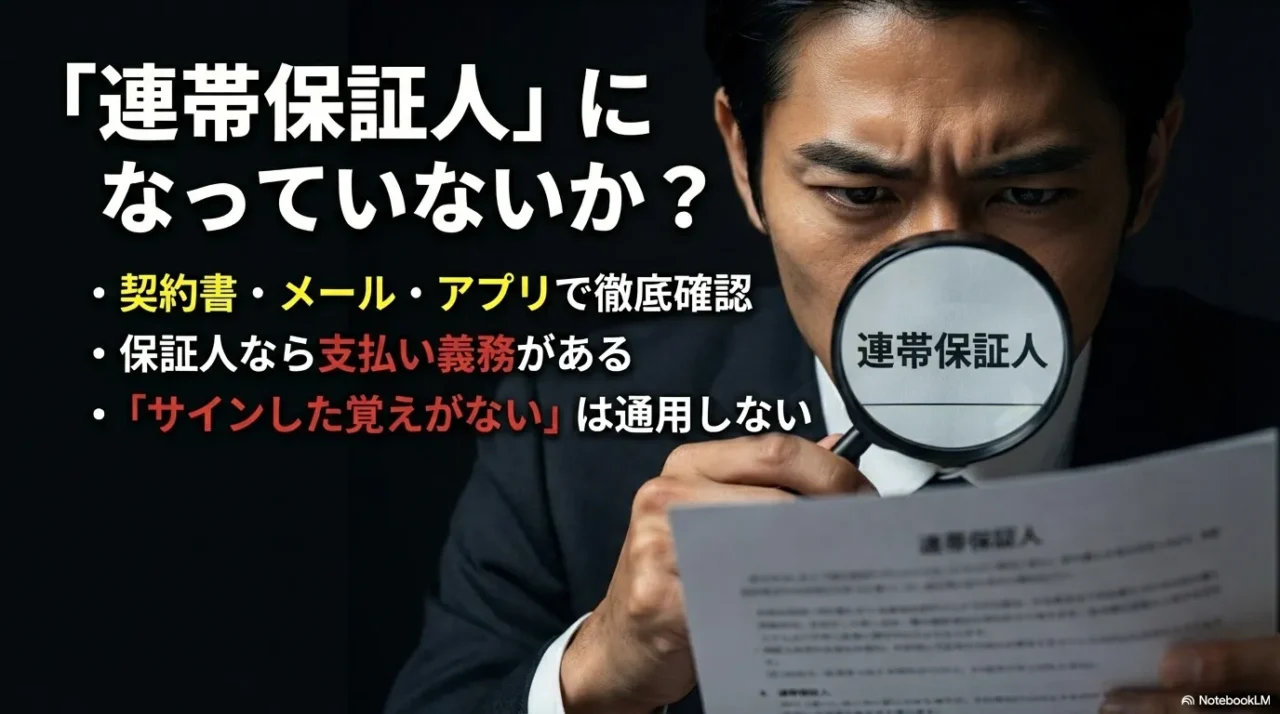 契約書やアプリで連帯保証人になっていないか徹底確認するよう促すスライド
