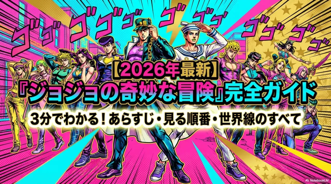 色鮮やかな漫画調の集合絵で、ジョジョ各部を象徴するキャラクターたちが一堂に並ぶ表紙画像