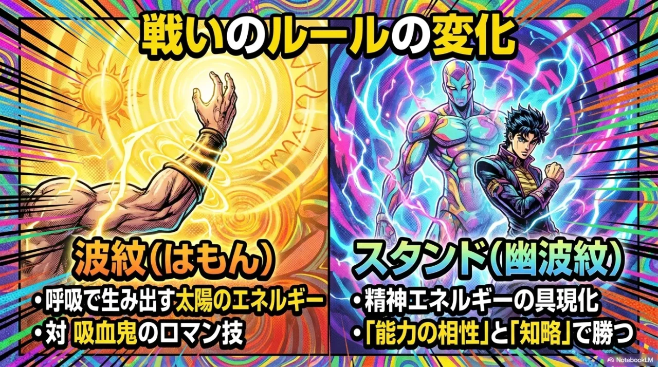 波紋（呼吸・太陽）とスタンド（精神の具現化）の違いを、2カラムで整理した