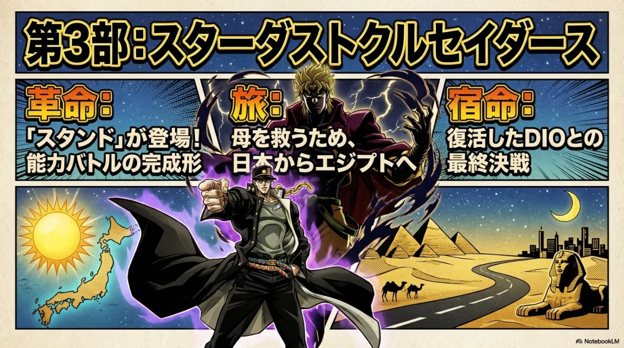 3部主人公とDIOを対峙構図で描き、スタンド時代の始まりを示すスライド
