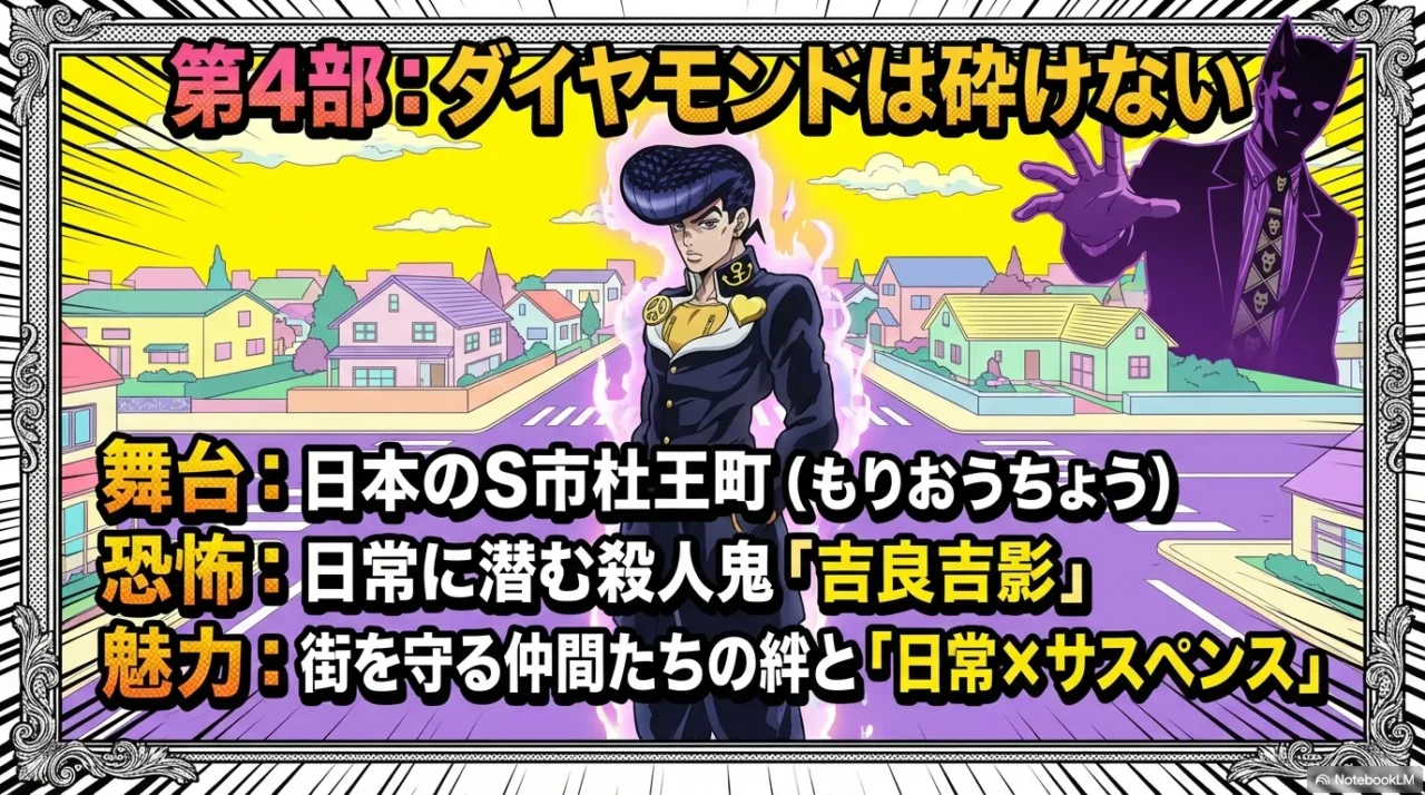 街（杜王町）と主人公側の温度感、背後に不穏な影（殺人鬼）を置いた画像