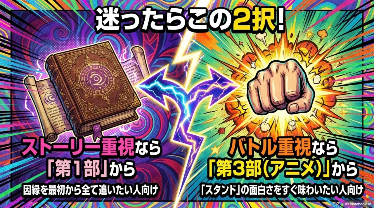 本（物語重視）と拳（能力バトル重視）のアイコンで、入口の2択を示す画像