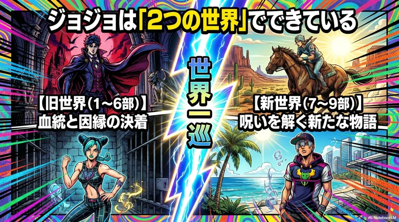 左に旧世界、右に新世界を並べ、世界の切り替わりを図解するスライド