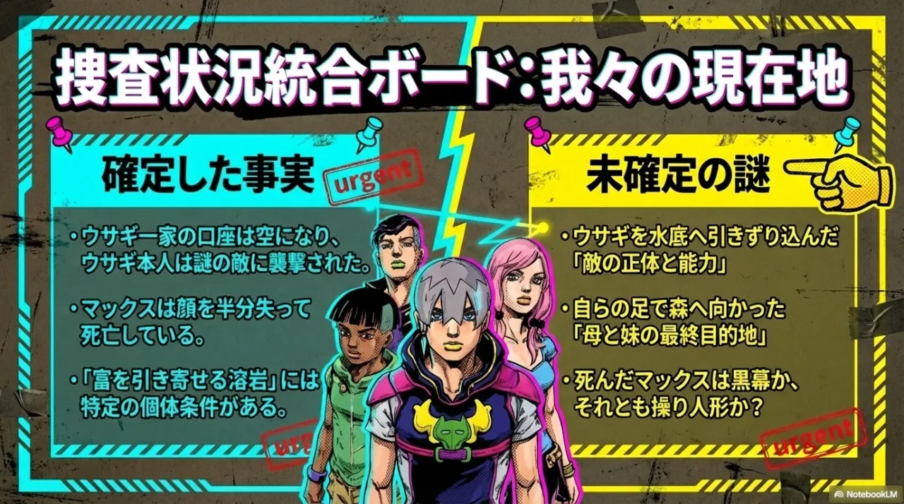 ジョジョランズ第34話の確定情報と未確定の謎を左右に分けて整理したまとめ画像。主要キャラクターが中央に配置されている