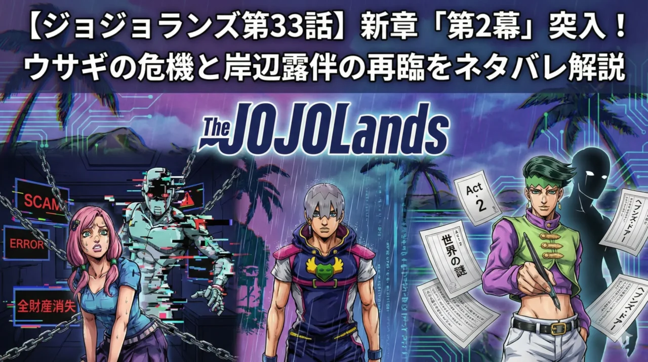ジョジョランズ第33話のサムネイル。新章「第2幕」突入を告げる見出しとThe JOJOLandsロゴ、中央にジョディオ、左に詐欺被害を示す「SCAM」「ERROR」「全財産消失」演出、右に岸辺露伴と「ヘブンズ・ドアー」「Act 2」「世界の謎」の紙片が描かれている。
