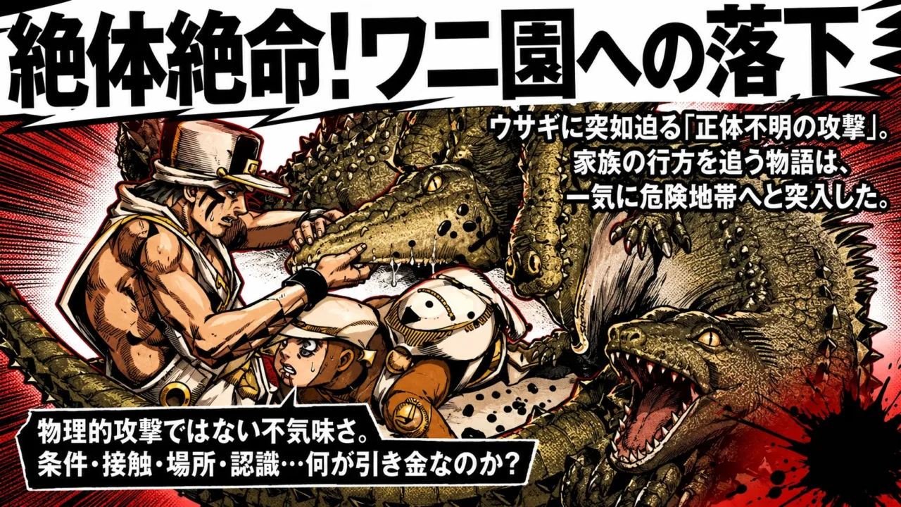 正体不明の攻撃でウサギがワニ園へ落下する危機を強調した画像