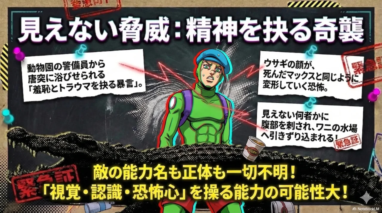 見えない脅威に追い詰められるウサギを描いた画像。敵の能力や正体が不明なまま精神をえぐる攻撃を受ける不気味さが表現されている