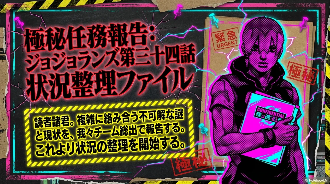 ジョジョランズ第34話の状況整理ファイルを表現した表紙風の画像。紫色の人物と極秘任務報告の文字が配置されている