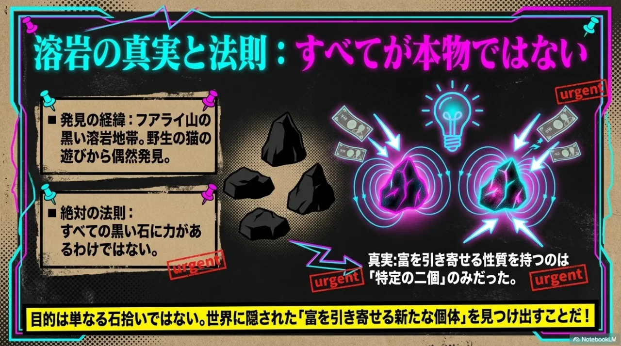 富を引き寄せる溶岩の法則を整理した画像。すべての石に力があるのではなく、特定の個体だけが本物であることを示している