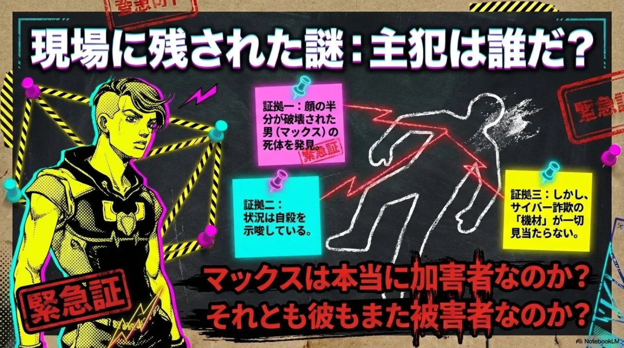 マックス宅に残された死体と現場の謎を整理した画像。マックスが加害者なのか被害者なのかが未確定であることを示している