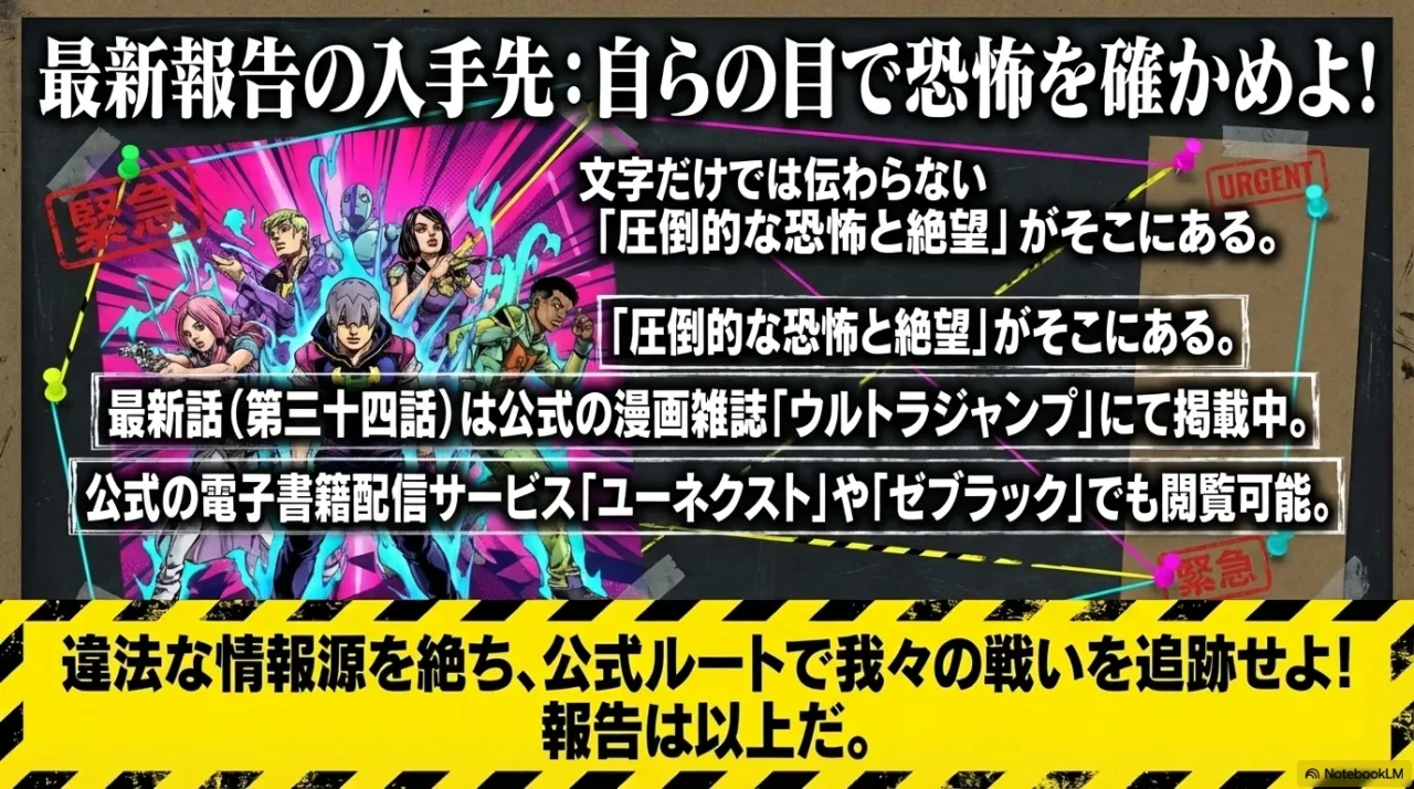 ジョジョランズ第34話を公式ルートで読むよう促す案内画像。最新話掲載中であることと公式電子書籍サービスで閲覧可能なことを伝えている