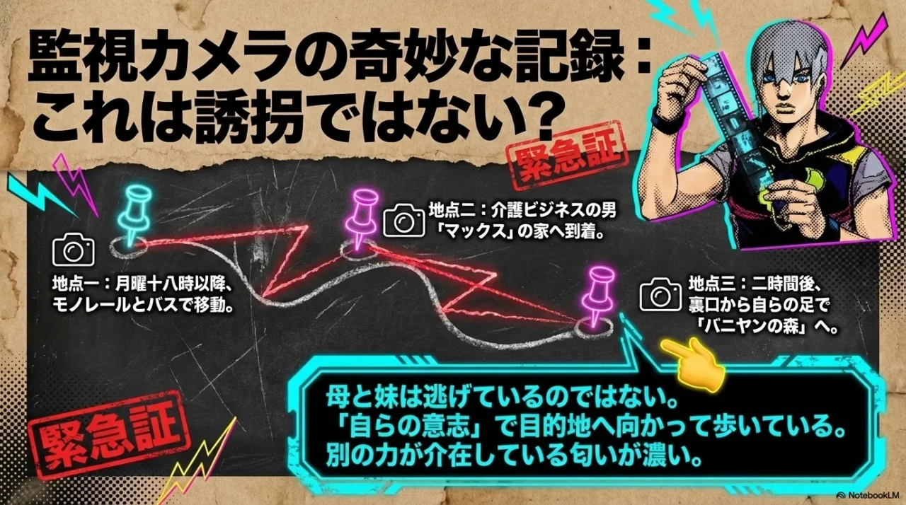 監視カメラ映像から母と妹の移動経路を追った画像。モノレールやバスを経てマックス宅、さらにバニヤンの森へ向かった流れが描かれている