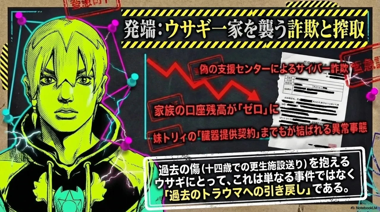 ウサギ一家を襲ったサイバー詐欺と家族のトラウマをまとめた画像。口座残高ゼロや妹の臓器提供契約の異常事態が示されている