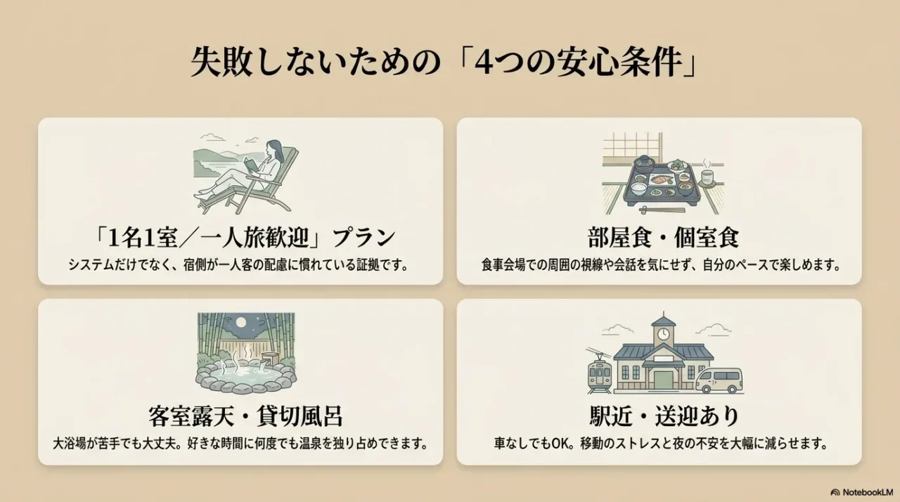1名1室プラン、部屋食や個室食、客室露天や貸切風呂、駅近や送迎ありが並ぶ安心条件の画像
