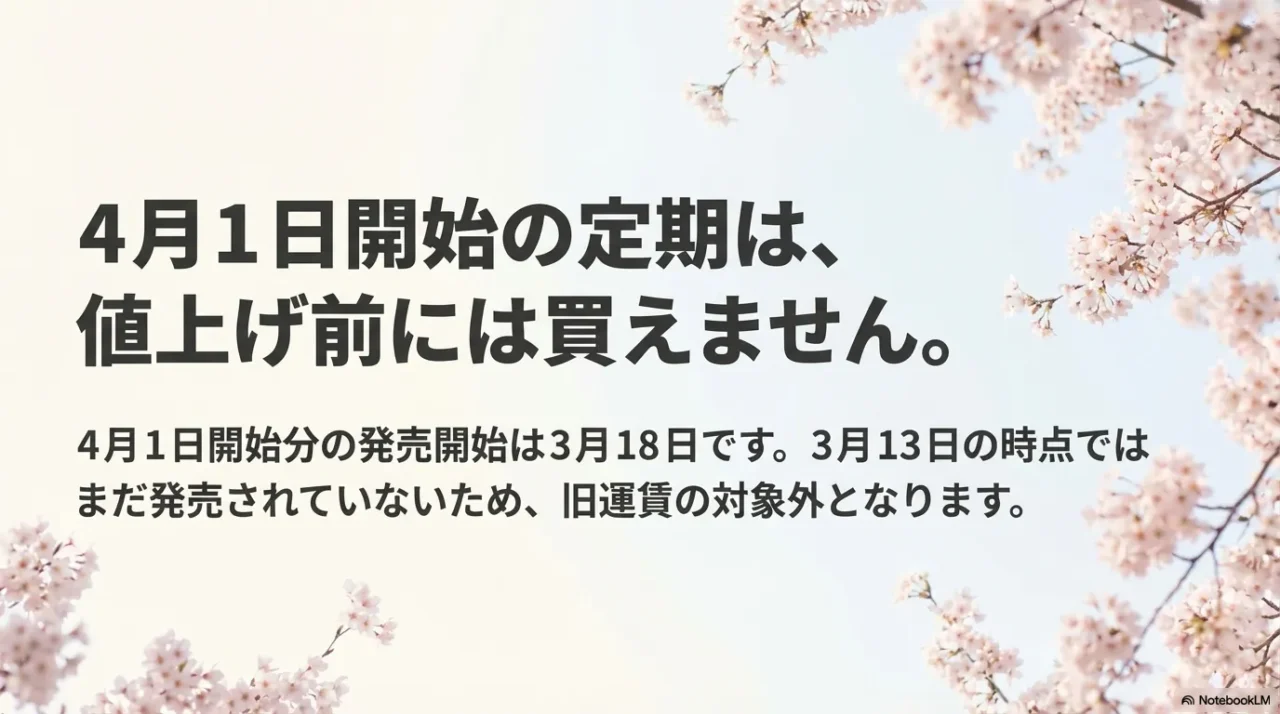 4月1日開始の定期券は値上げ前に買えないことを伝える桜背景の説明画像