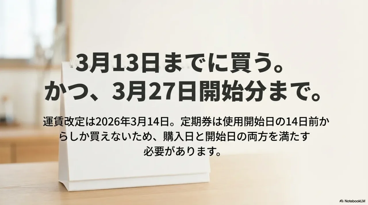 3月13日までの購入と3月27日開始分までが条件だと示す定期券購入の要点画像