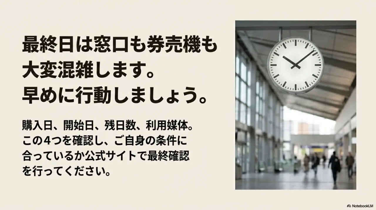 最終日は窓口や券売機が混雑するため早めの行動が必要だと伝えるまとめ画像
