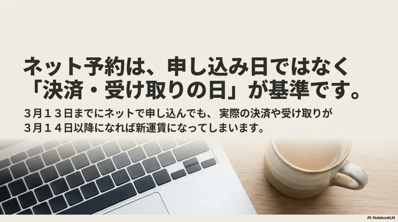 ネット申込みは申込日ではなく決済日と受取り日が基準になることを示す画像